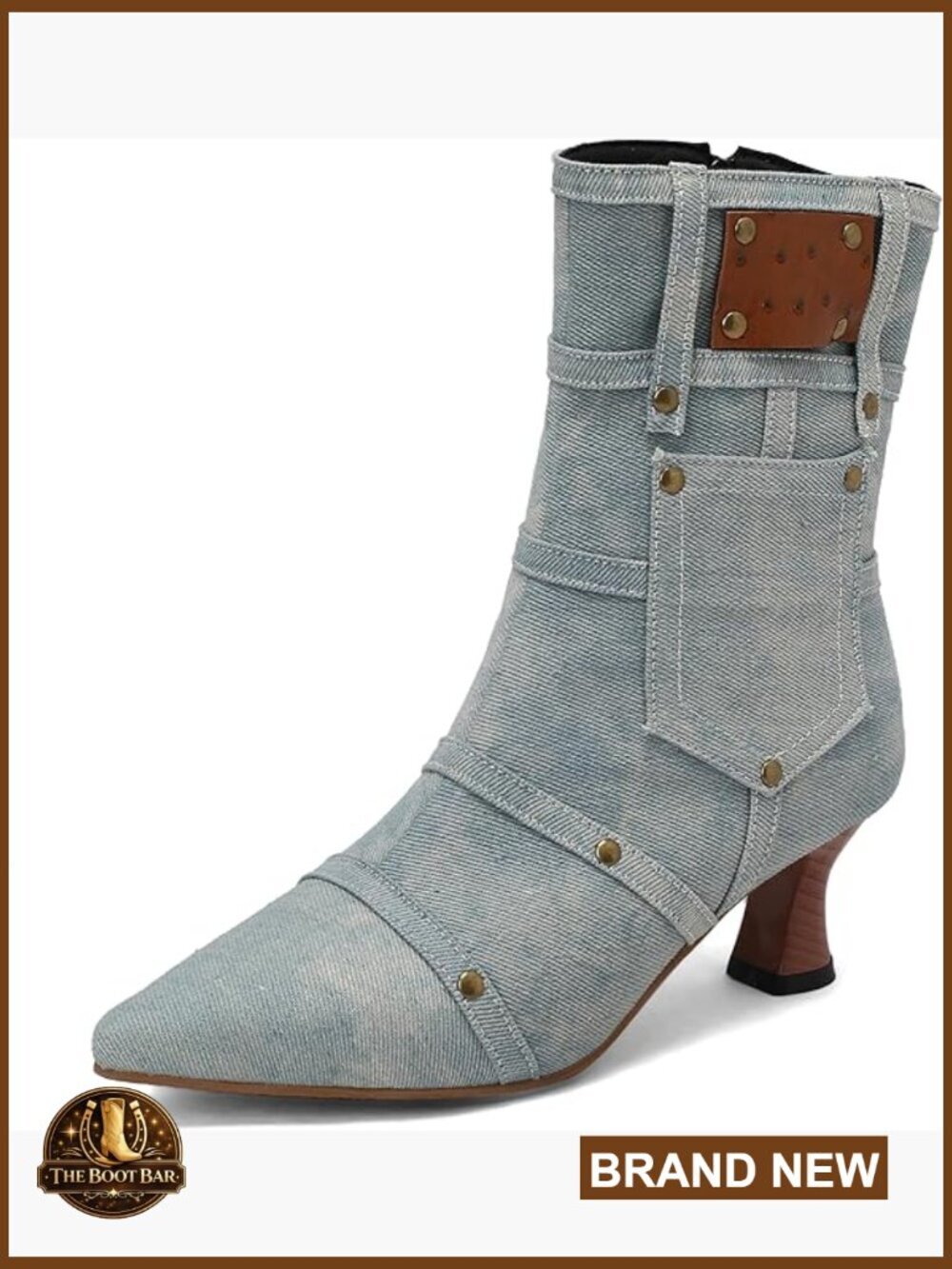 Pointed Toe Kitten Heel Denim Ankle Boots Chunky Vintage Zip Shoes
